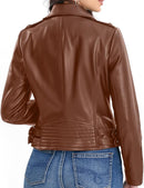 Women's Lambskin Leather Moto Jacket with Belt, Asymmetrical Zip & Quilted Back