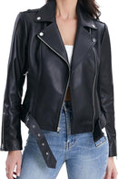Belted Lambskin Leather Moto Jacket for Women – Black Biker Outerwear