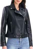 Belted Lambskin Leather Moto Jacket for Women – Black Biker Outerwear