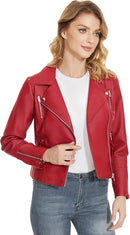 Women's Faux Leather Moto Jacket with Lapel Collar, Slim Fit & Long Sleeves