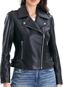 Women's Lambskin Leather Moto Jacket with Belt, Asymmetrical Zip & Quilted Back