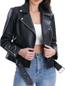 Belted Lambskin Leather Moto Jacket for Women – Black Biker Outerwear