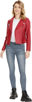 Women's Faux Leather Moto Jacket with Lapel Collar, Slim Fit & Long Sleeves