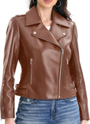 Women's Lambskin Leather Moto Jacket with Belt, Asymmetrical Zip & Quilted Back