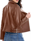 Women's Lambskin Leather Moto Jacket with Belt, Asymmetrical Zip & Quilted Back