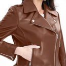 Women's Lambskin Leather Moto Jacket with Belt, Asymmetrical Zip & Quilted Back