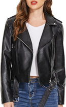 Women's Faux Leather Moto Jacket with Lapel Collar, Slim Fit & Long Sleeves