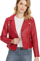 Women's Faux Leather Moto Jacket with Lapel Collar, Slim Fit & Long Sleeves