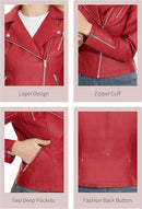 Women's Faux Leather Moto Jacket with Lapel Collar, Slim Fit & Long Sleeves