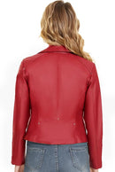 Women's Faux Leather Moto Jacket with Lapel Collar, Slim Fit & Long Sleeves