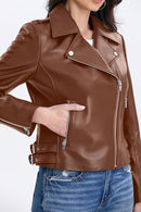 Women's Lambskin Leather Moto Jacket with Belt, Asymmetrical Zip & Quilted Back