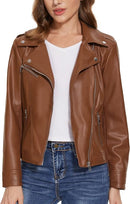 Women's Faux Leather Moto Jacket with Lapel Collar, Slim Fit & Long Sleeves
