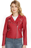 Women's Faux Leather Moto Jacket with Lapel Collar, Slim Fit & Long Sleeves